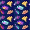 Fishes variety, hand painted watercolor illustration, seamless pattern on dark blue ocean surface with waves background