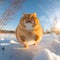 fisheye photography of Cute fat orange cat Excited Gorgeous with wide open eyes is flying in the snow ,Generative Ai