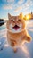 fisheye photography of Cute fat orange cat Excited Gorgeous with wide open eyes is flying in the snow ,Generative Ai