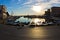 Fisheye view of boats, blue sky and sun reflection at Piran harbor, Istria