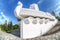 Fisheye view on monument Boat in the form of a white ship