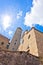 Fisheye view of San Gimignano towers and buidings on central square, Tuscany