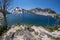 Fisheye view of Sawtooth Lake, a high alpine mountain lake in Central Idaho