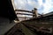 Fisheye wide view of a wagon in old abandoned industrial railway station in Prague