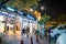 Fisheye wideangle shot of the famous landmark connaught place with colorful lights, white pillars and arches and