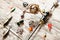 Fishing accessories on a wooden background.