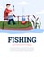 Fishing adventure card or poster with fisherman cartoon vector illustration.