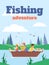 Fishing adventure for family poster template, flat vector illustration.