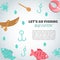 Fishing background. Big catch text. Background with quote about fishing. Flat fish icons, with net or rod. Salmon steak
