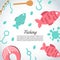 Fishing background. Fishing text. Background with quote about fishing. Flat fish icons, with net or rod. Salmon steak