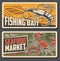 Fishing bait store, seafood market vector banners