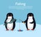 Fishing Banner. Penguin Animals on Fish. Vector