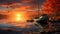 fishing boat close to the shore with autumn colors and orange sunset