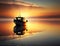 A fishing boat with a golden sunrise setting on the horizon its occupants peacefully gazing out at the calm morning