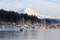 Fishing boat in the harbor with Mt Rainier