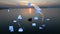 Fishing Boat with Large Catch Fish Swirling Flock Gulls Aerial View Drone Sunset . Small Ship Floats on Sea Surface