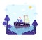 Fishing boat with a net full of fish is sailing to the shore. Commercial fishing - vector cartoon illustration in flat