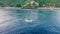 Fishing boat in the ocean of Amed bay. Aerial view. Indonesia, Bali.