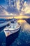 Fishing boat in port of Naousa on sunset. Paros lsland, Greece