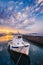 Fishing boat in port of Naousa on sunset. Paros lsland, Greece