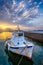 Fishing boat in port of Naousa on sunset. Paros lsland, Greece