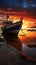 Fishing boat on river, basking in the glow of a picturesque sunset.