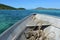 Fishing boat sail along tropical islands in Fiji