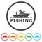 Fishing boat side view ring icon, color set