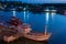 Fishing boat at village near river twilight time