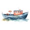 Fishing boat on watercolor background. Hand drawn watercolor illustration