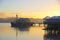 Fishing boat at wharf, fish shop, sunrise, Mangonui, New Zealand