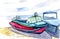 Fishing boats on the beach Mountain lake. Watercolor illustration.