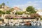 Fishing boats at Byblos harbor with restaurants in the background, Jbeil, Byblos, Lebanon