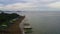 Fishing boats on the coast in the evening. Seascape, aerial view.