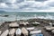 Fishing boats covered for sea in tempest in Genoa, Italy