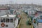 Fishing boats in foggy harbor of Saint Bride`s