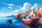 Fishing boats at Greek island. Artwork poster design. Generative Ai illustration