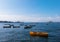 Fishing boats in the Guanabara Bay. View from the Urca neighborhood with Rio-Niterói bridge in the background, Rio de Janeiro.