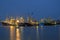 Fishing boats in the harbor from Lauwersoog in Netherlands at night