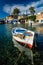 Fishing boats in harbour in fishing village of Mandrakia, Milos island, Greece