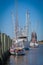 Fishing boats lined up at port