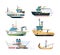 Fishing boats. Marine sailing transport for fishing big and small ships vector flat style