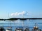 Fishing Boats moored off Islamorada in the Florida Keys with other boats on the water behind