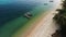 Fishing boats near reef. Beautiful aerial view of fishing boats floating on blue sea water near majestic coral reef. Natural