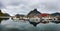 Fishing boats at the port of Reine village on Lofoten islands in Norway