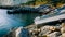 Fishing boats in a semicircular stone bay on the Black Sea with turquoise water fixed on wooden floorboards