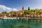 Fishing boats in Splitska village with beautiful port, Brac island, Croatia. Village of Splitska on Brac island seafront view,