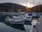 Fishing boats stand in the marina of the resort town of Methana in the Peloponnese in Greece