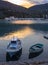 Fishing boats stand in the marina of the resort town of Methana in the Peloponnese in Greece