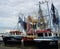 Fishing boats with their nets to dry,in the harbor of Volendam, the Netherlands